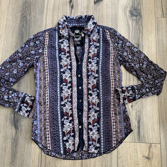 Cino Purple Mixed Floral Print Button Down Shirt Size XS Roll Tab Long Sleeve - Picture 1 of 7